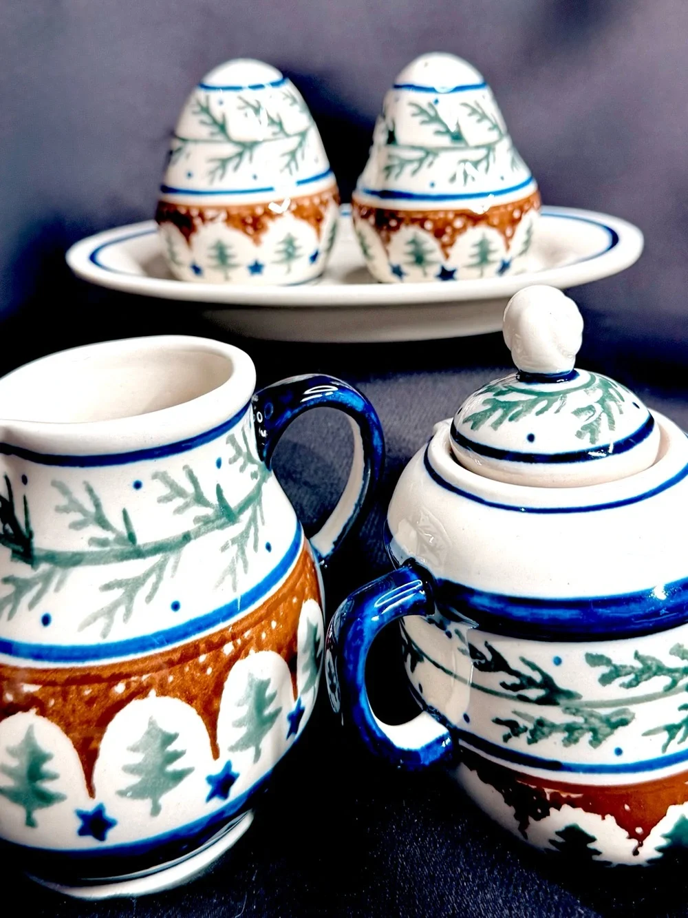 Polish Pottery Hand Crafted Vintage Serve-ware Salt/Pepper & Creamer/Sugar Set